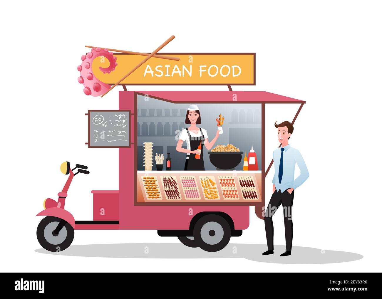 Asian street market truck with takeaway barbecue food, young man buying bbq on fair Stock Vector