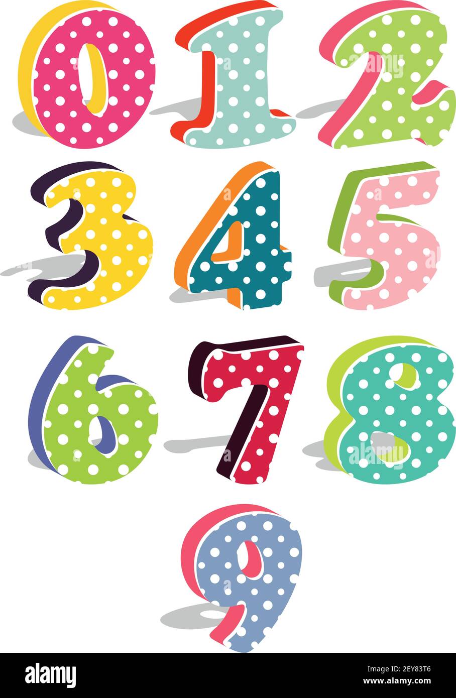 Cute set of dotted 3d numbers isolated on white background. Vector illustration. Element for design. Kids alphabet. one, two, three, four, five, six, Stock Vector