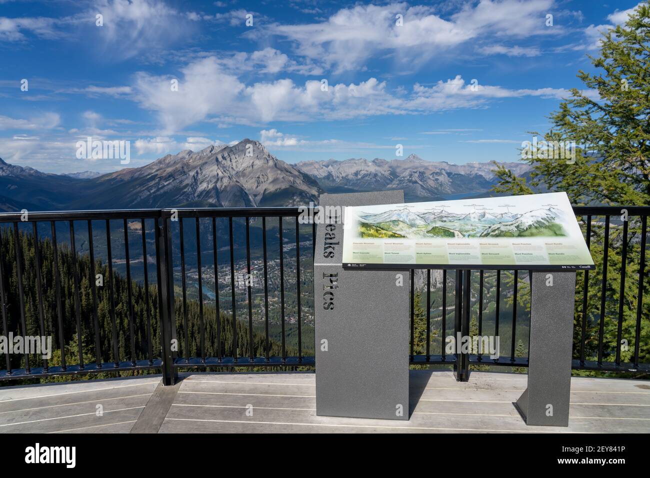 Sulphur Mountain trail in summer, wooden stairs and boardwalks along the summit. Banff National Park, Canadian Rockies, Alberta, Canada. Stock Photo