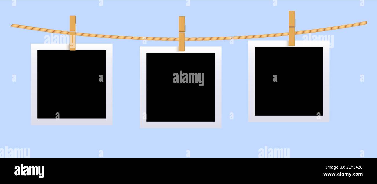 Square black blank photo set mockup hungled on string. Realistic empty Square black blank photo set mockup hungled on string. Realistic empty