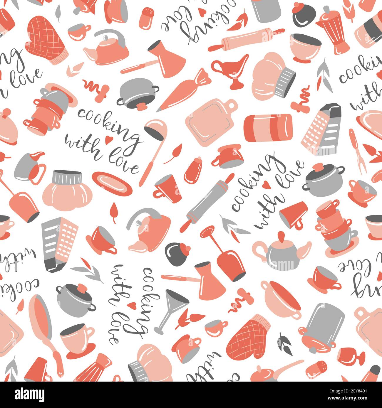 Cooking with love. Seamless vector pattern on white background in pink ...