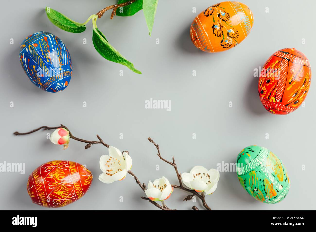 Easter background. Frame made of painted eggs. Stock Photo