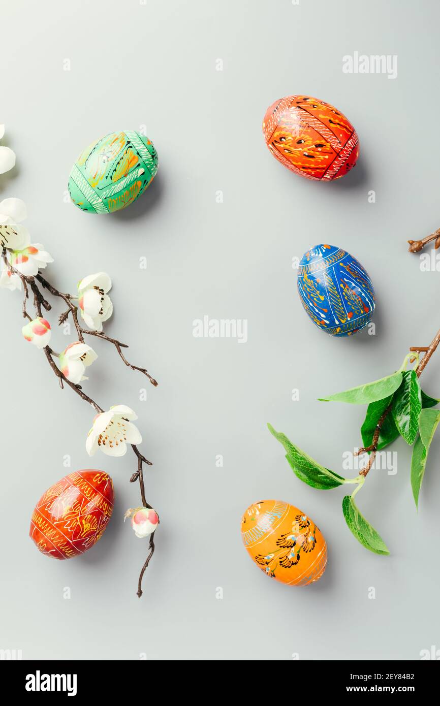 Easter background. Frame made of painted eggs. Stock Photo