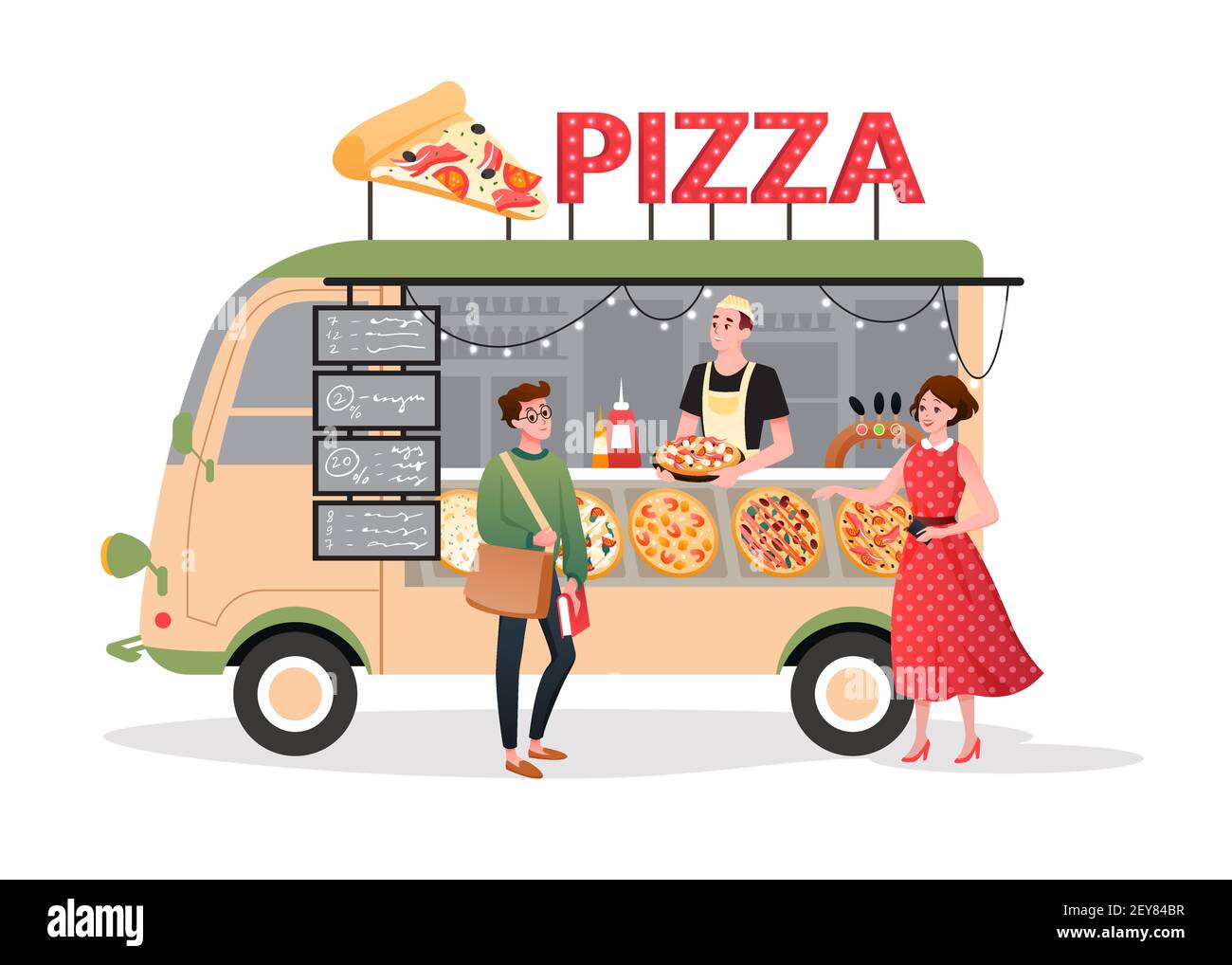 Pizza street market food truck, mini pizzeria restaurant mobile shop in van bus foodtruck Stock Vector