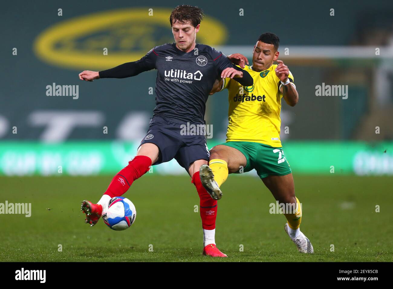 Mathias Jensen of Brentford and Onel Hernandez of Norwich City - Norwich City v Brentford, Sky Bet Championship, Carrow Road, Norwich, UK - 3rd March 2021  Editorial Use Only - DataCo restrictions apply Stock Photo