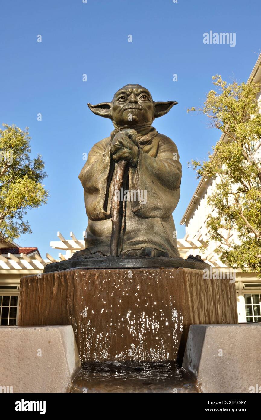 Yoda statue and fountain outside offices of Industrial Light & Magic, Yoda is Star Wars character and Jedi, San Francisco, CA, USA Stock Photo