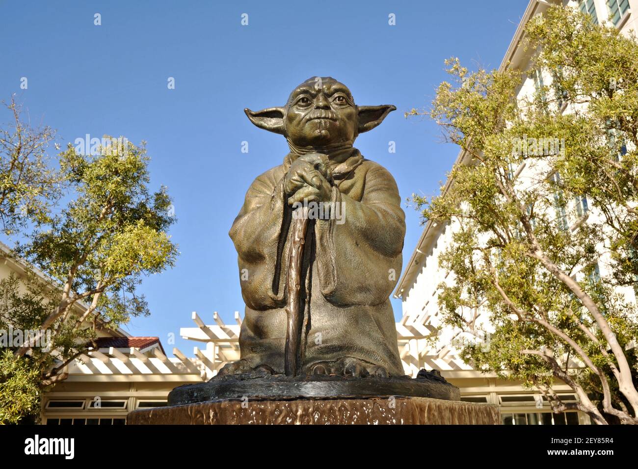 Yoda statue and fountain outside offices of Industrial Light & Magic, Yoda is Star Wars character and Jedi, San Francisco, CA, USA Stock Photo