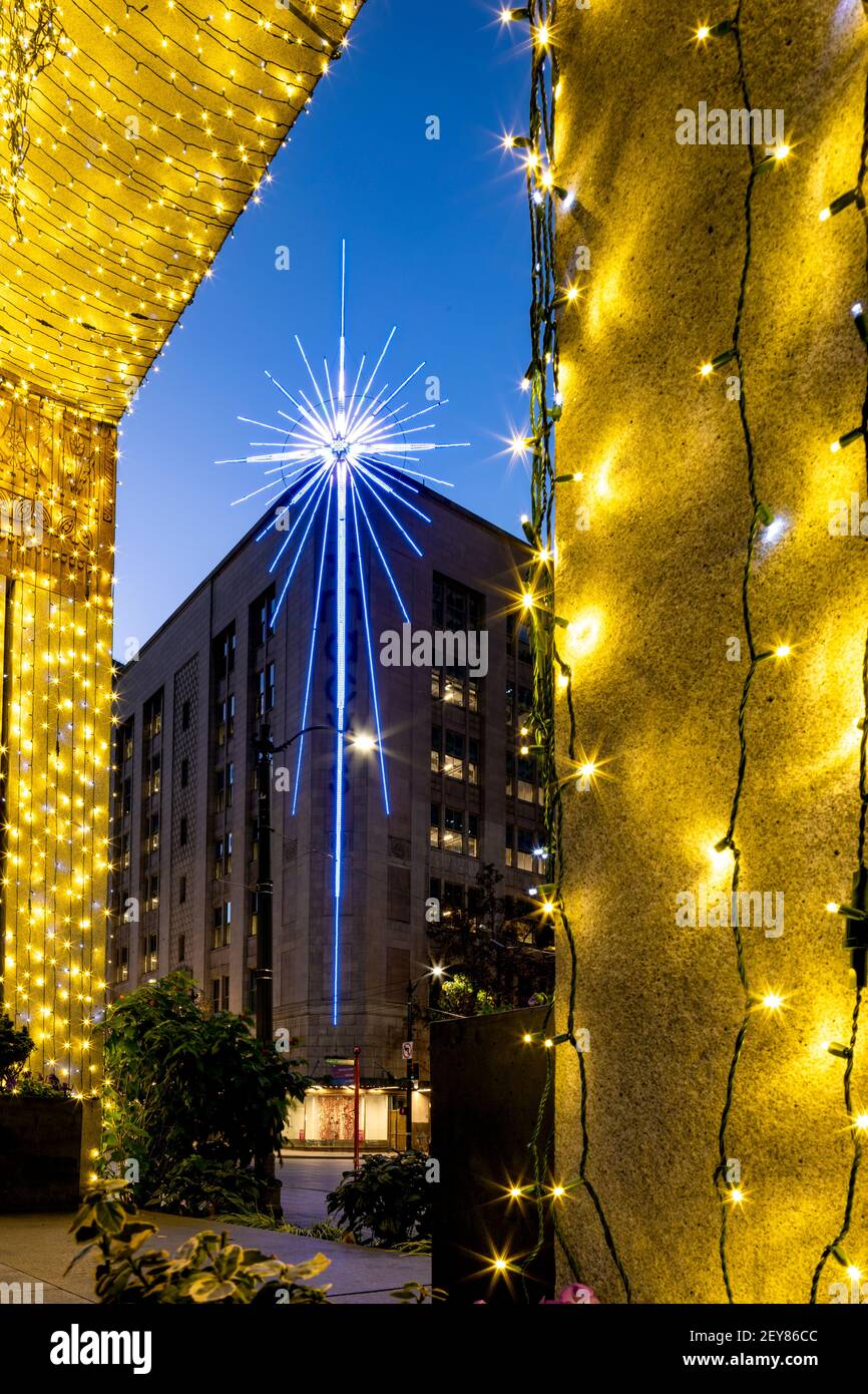 WA17991-00.....WASHINGTON - Christmas decorations in Seattle's West Lake Park with the Seattle Star on the Macy Building. Stock Photo
