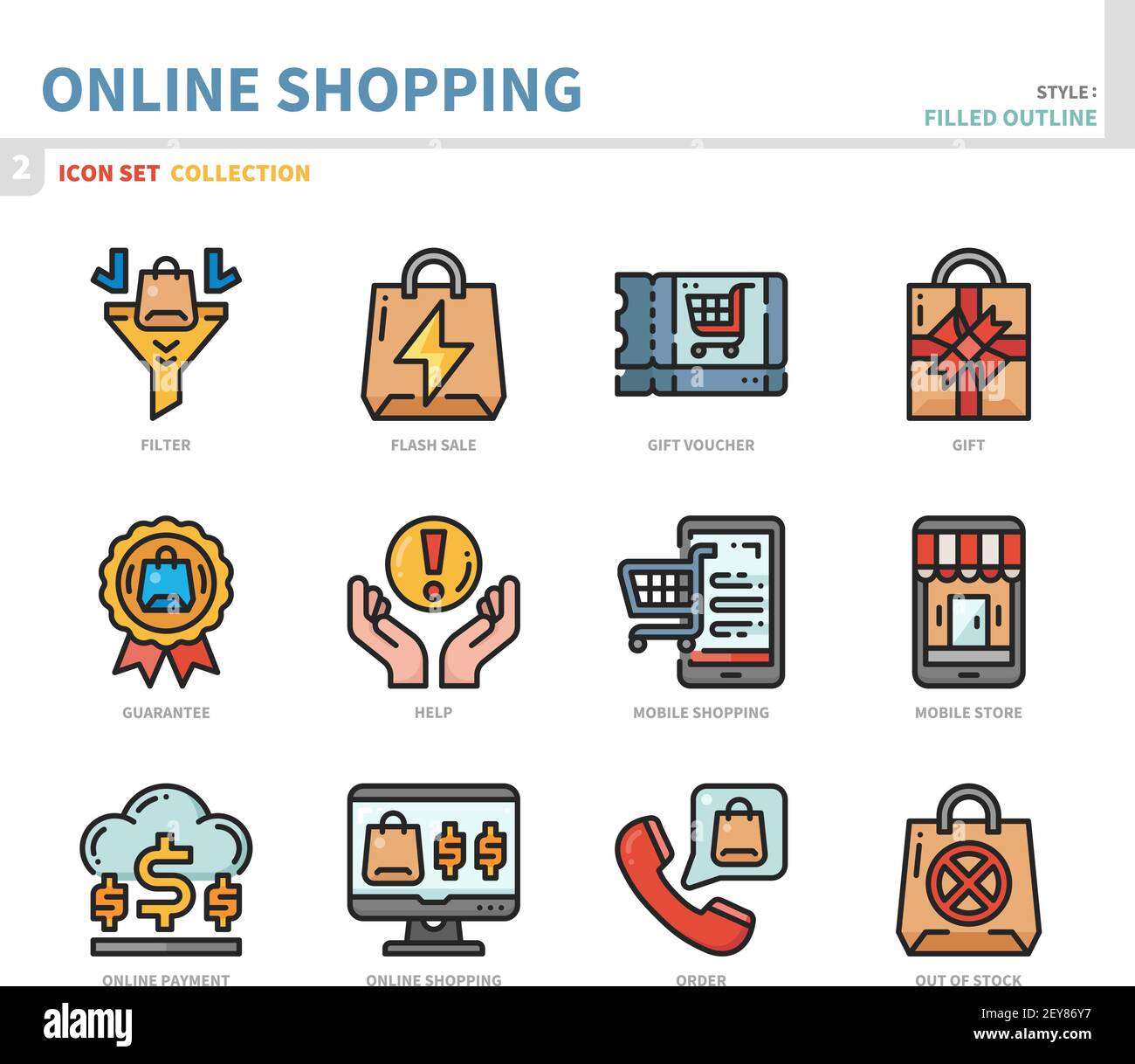 online shopping and e-commerce icon set,filled outline style,vector and ...
