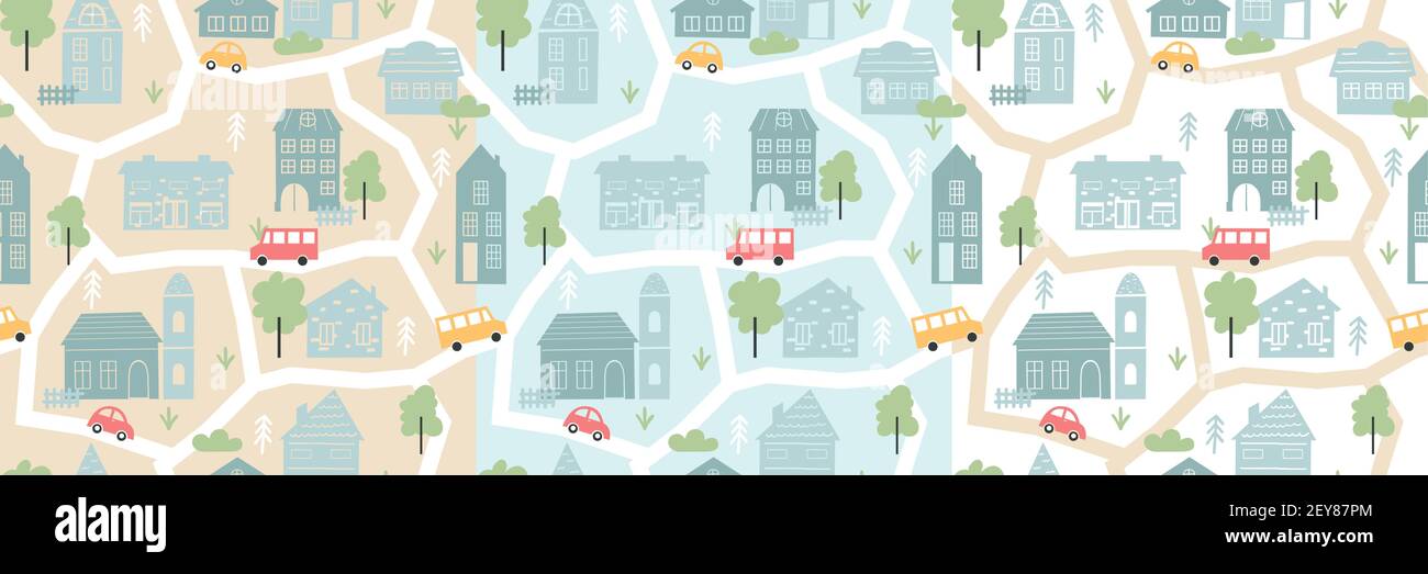 Cute vintage houses buildings in pastel colors, childish seamless hand drawing pattern Stock Vector