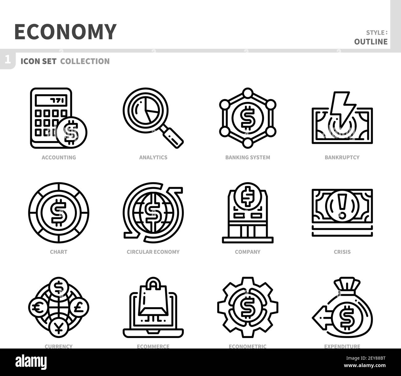 economy icon set,outline style,vector and illustration Stock Vector