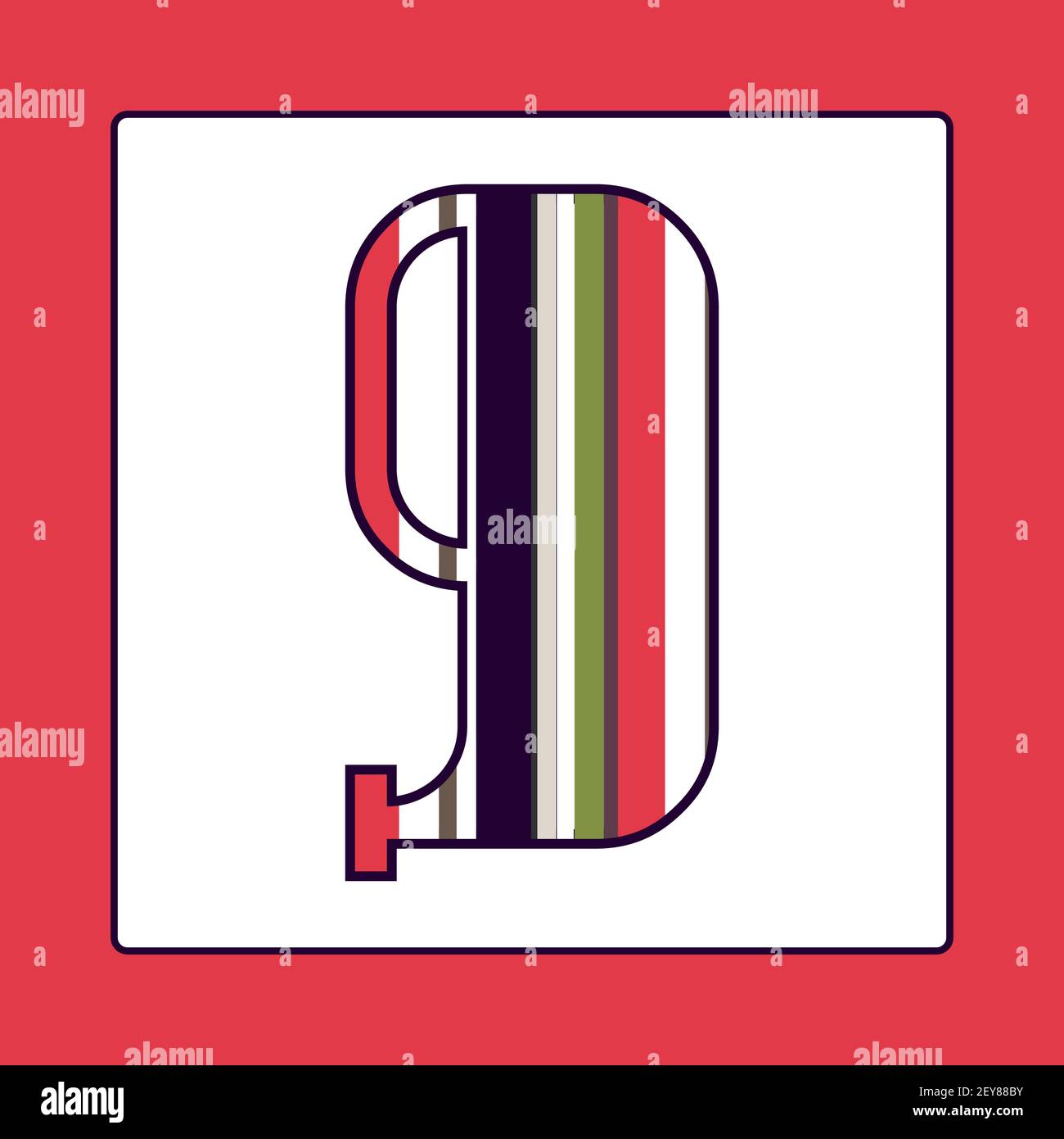 Striped colorful number nine isolated on white background. Elements for kids cards or alphabets in vintage or retro style. Stock Vector