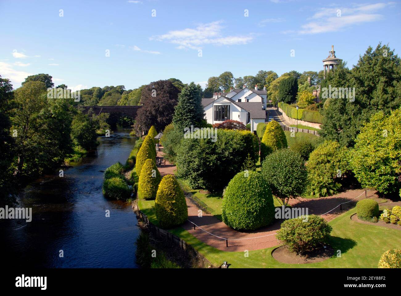 Looking north west from the Brig o' Doon, Ayrshire, Scotland with hotel and Burns monument in the distance Stock Photo