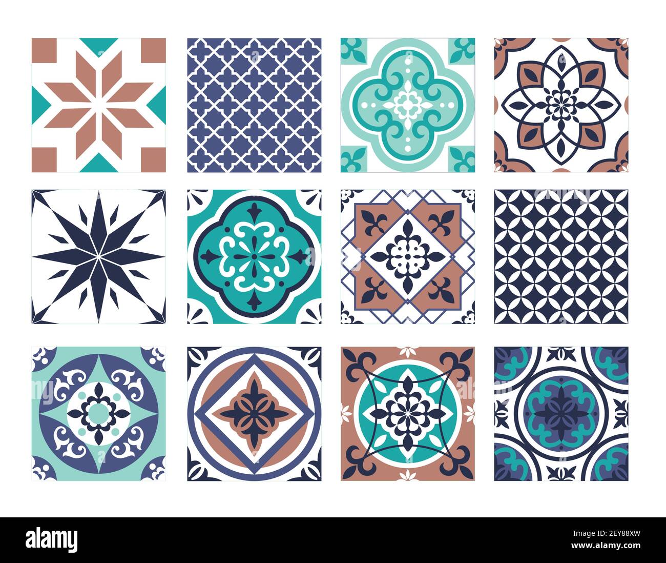 Tile mosaic pattern set, traditional abstract portugal and moroccan patchwork texture Stock Vector