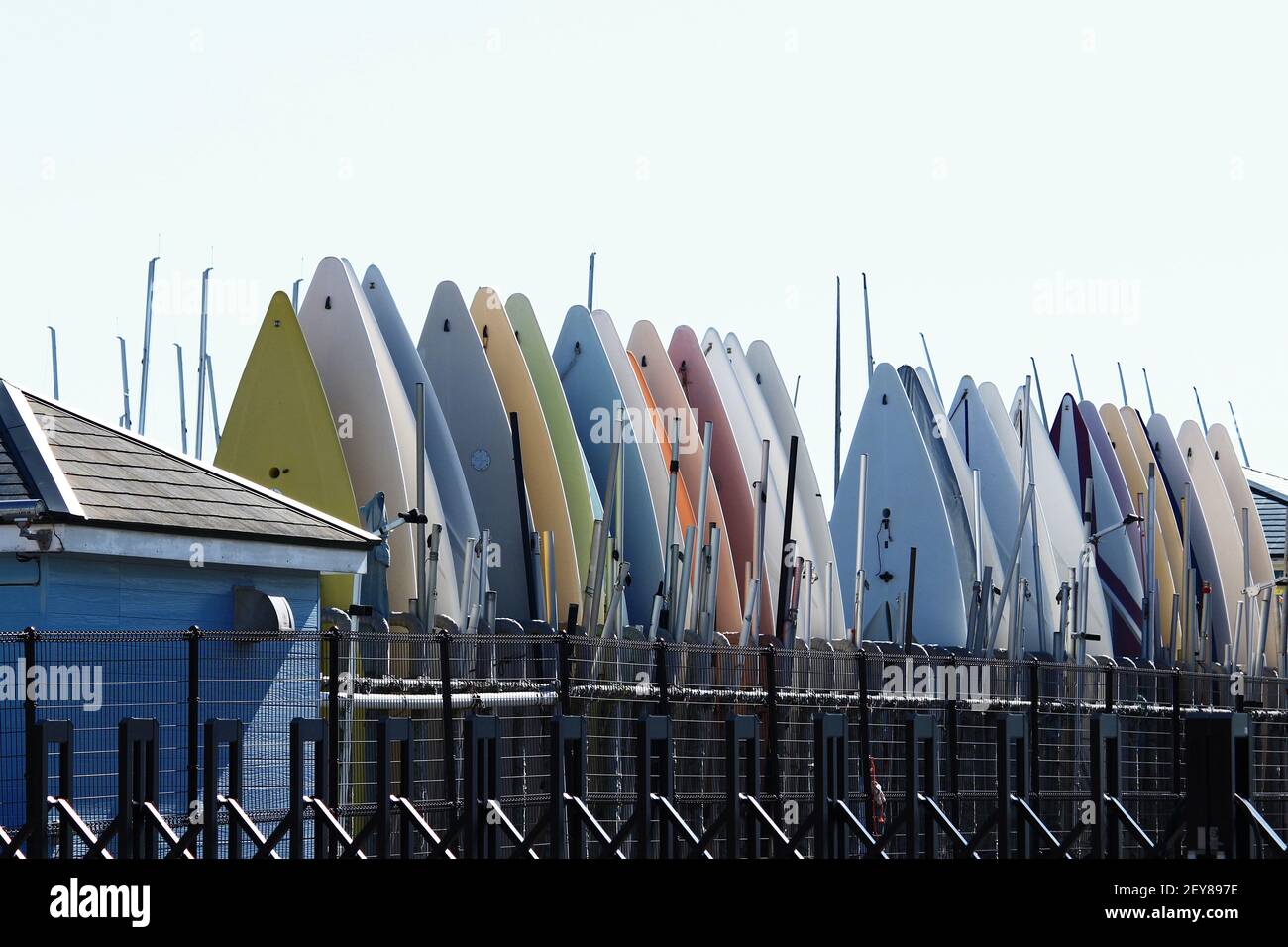 Marina boat yard with lots of windsurf boards Stock Photo