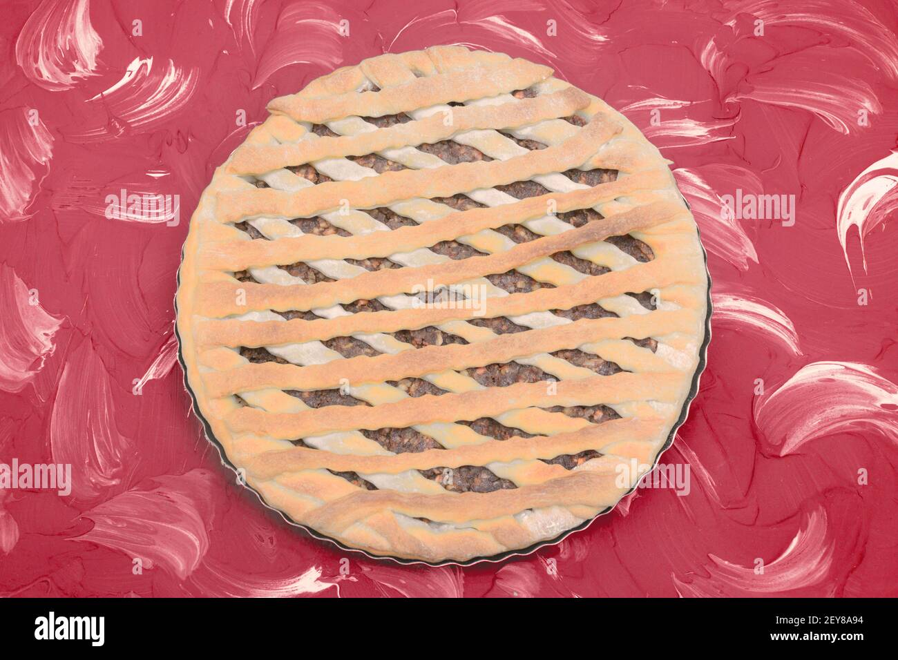 Homemade pie with sweet fruit filling. Baking close-up, top view. Stock Photo