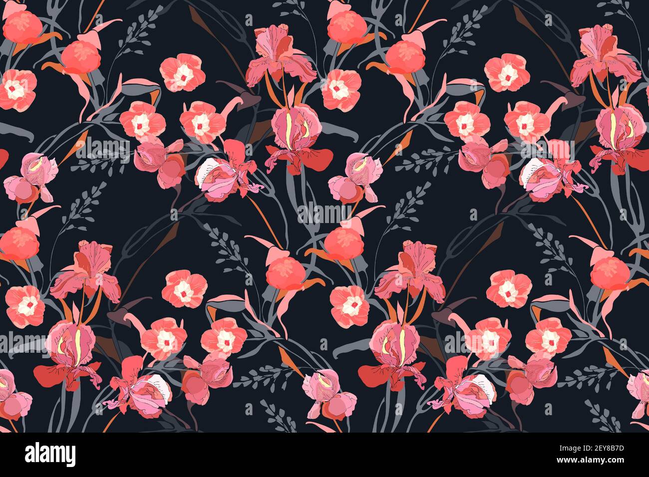 Floral vector seamless pattern. Pink ipomoea, peony, iris flowers. Stock Vector