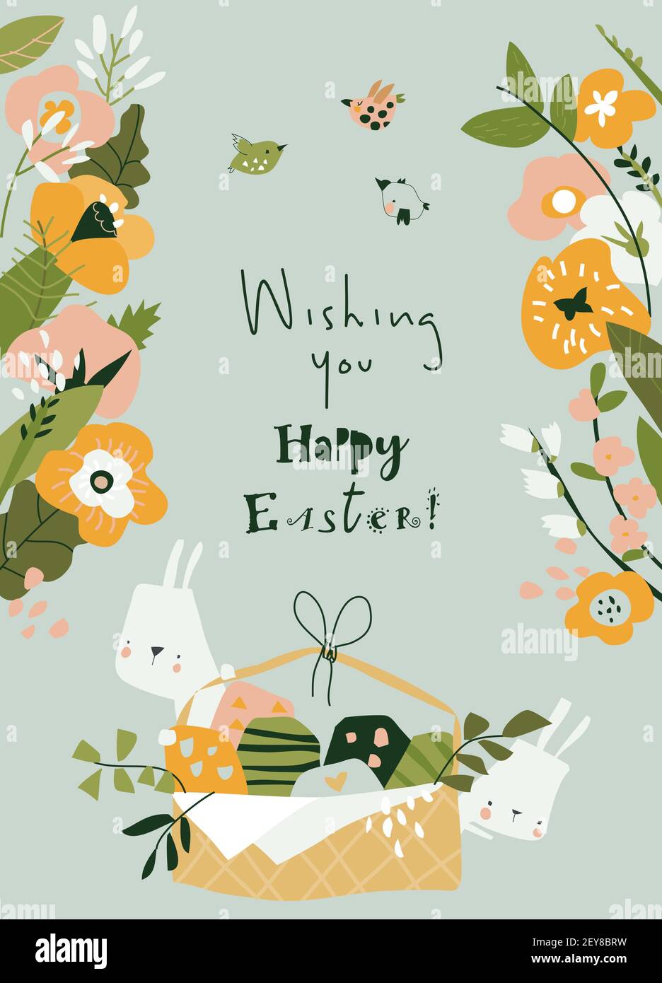 Cartoon Easter illustration with rabbits, flowers and easter eggs Stock Vector
