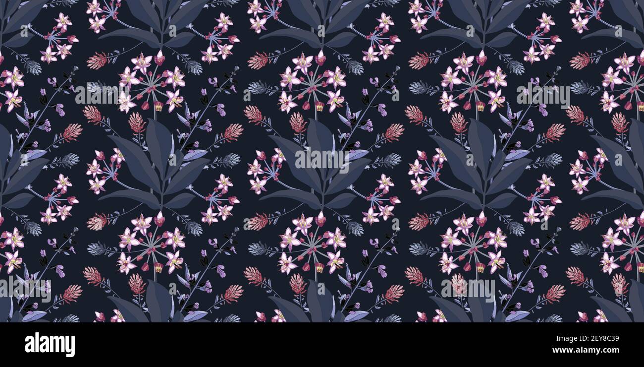 Vector floral seamless pattern. Pink, purple flowers. Stock Vector