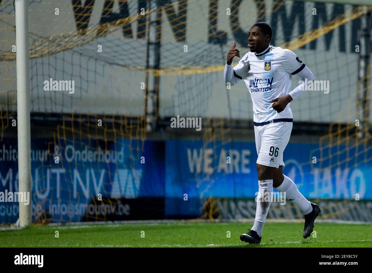 Union's Brighton Labeau celebrates after scoring during a soccer match between Lierse Kempenzonen and Union Saint-Gilloise, Friday 05 March 2021 in Li Stock Photo