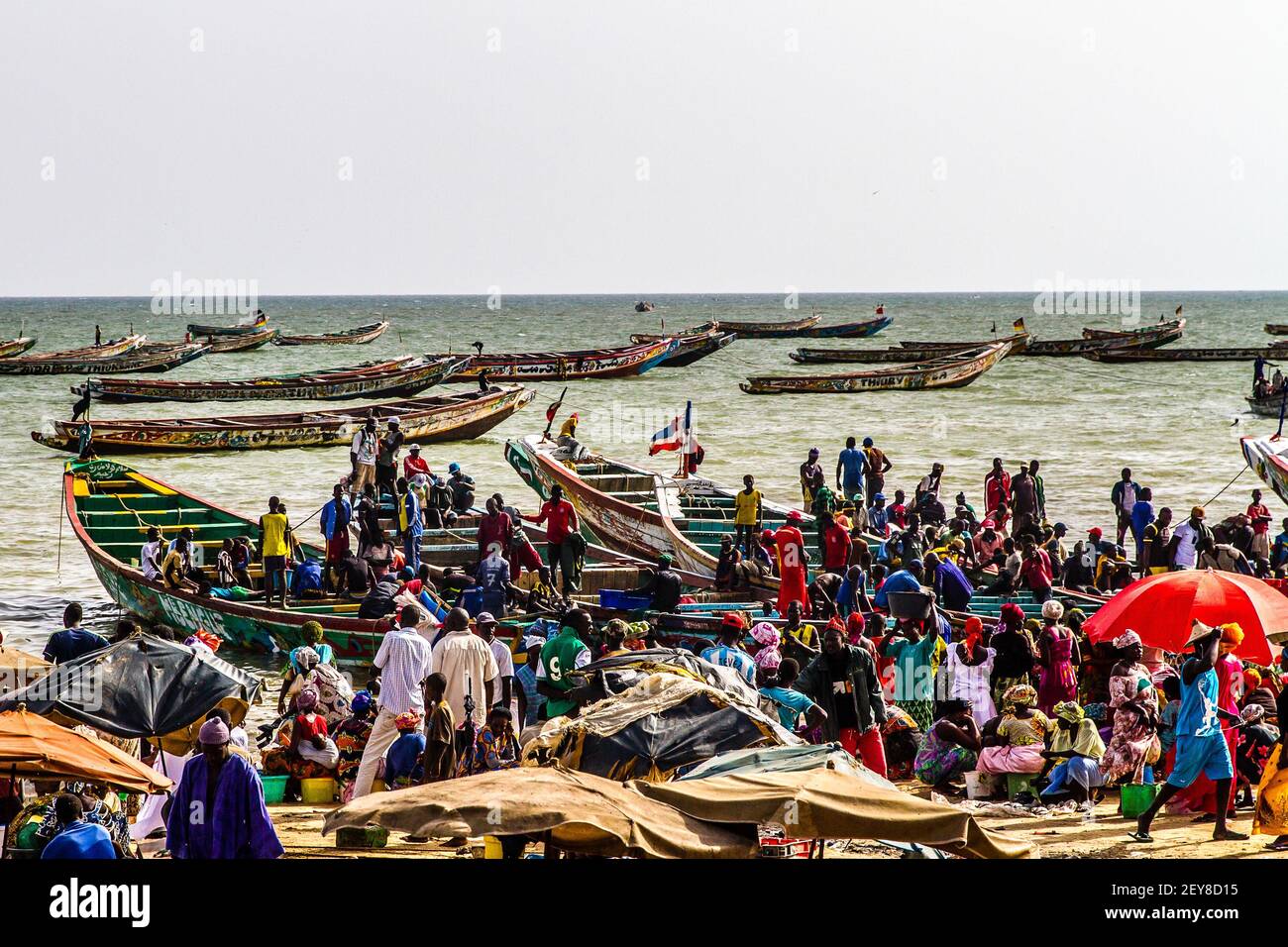 Senegal, arrival of fishing in Mbour. M'bour (or M'Bour or Mbour) is a town in western Senegal, located on the Petite-Côte, about 80 km south of Dakar Stock Photo