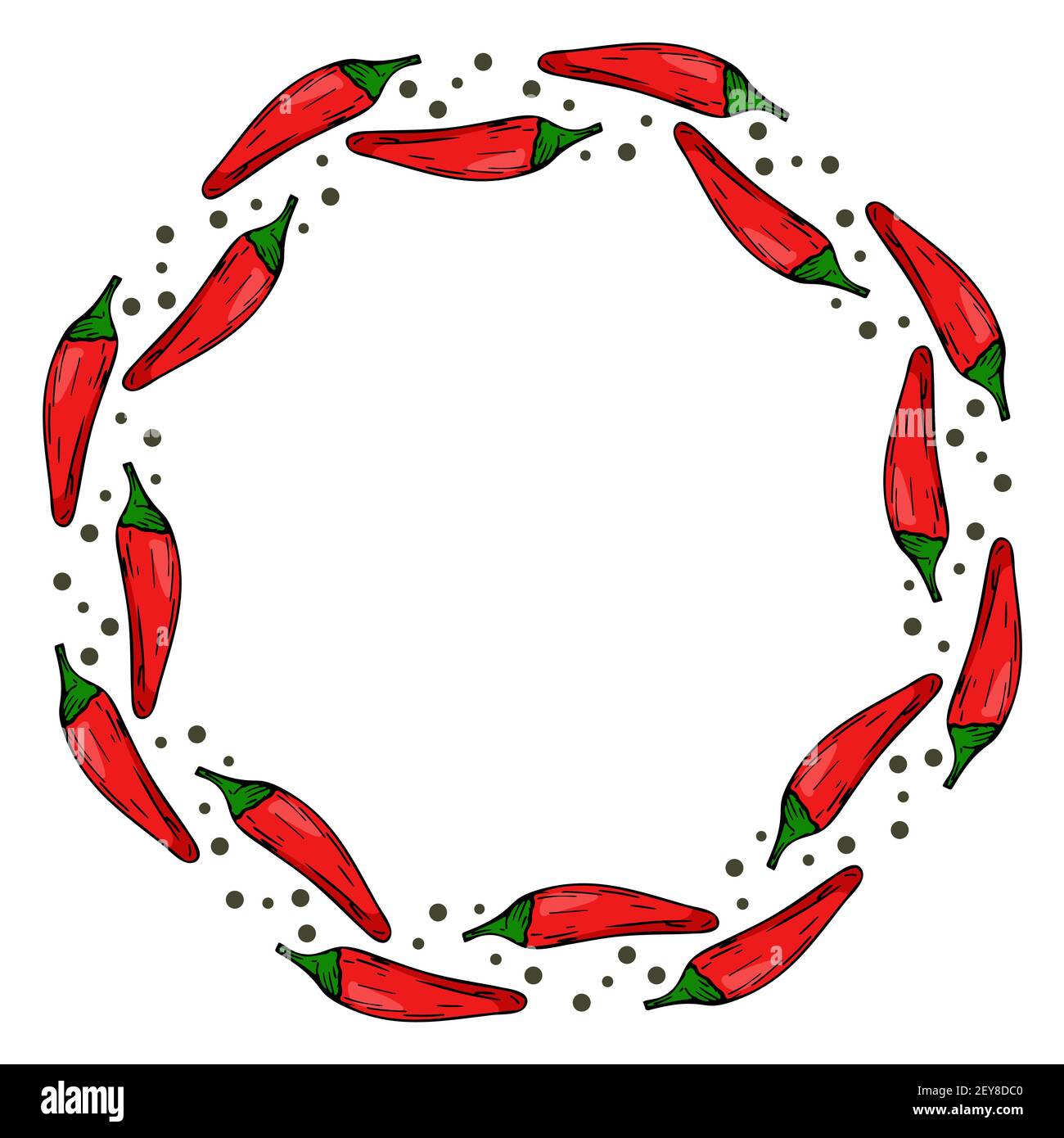 Circular frame with chili peppers. Bright red pepper in a circle. Vector.Spicy hot vegetable. Stock Vector