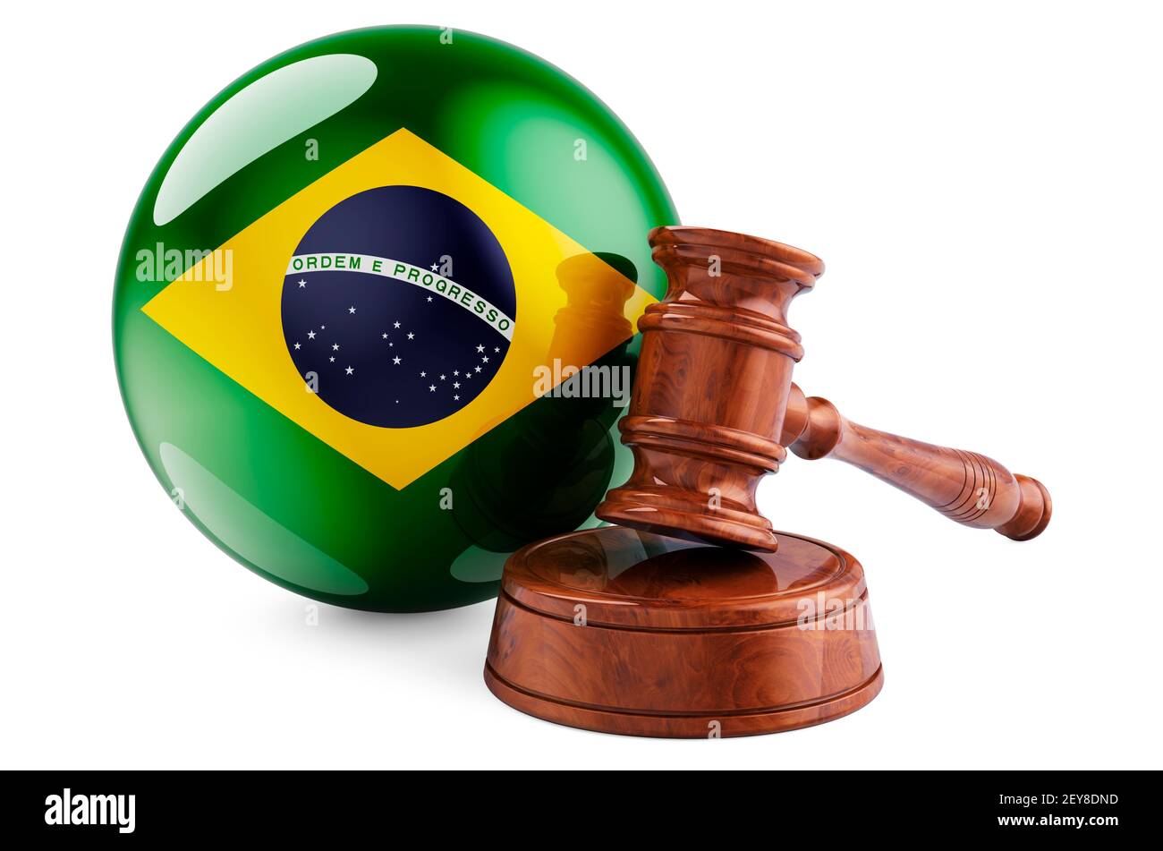 Brazilian law and justice concept. Wooden gavel with flag of Brazil. 3D