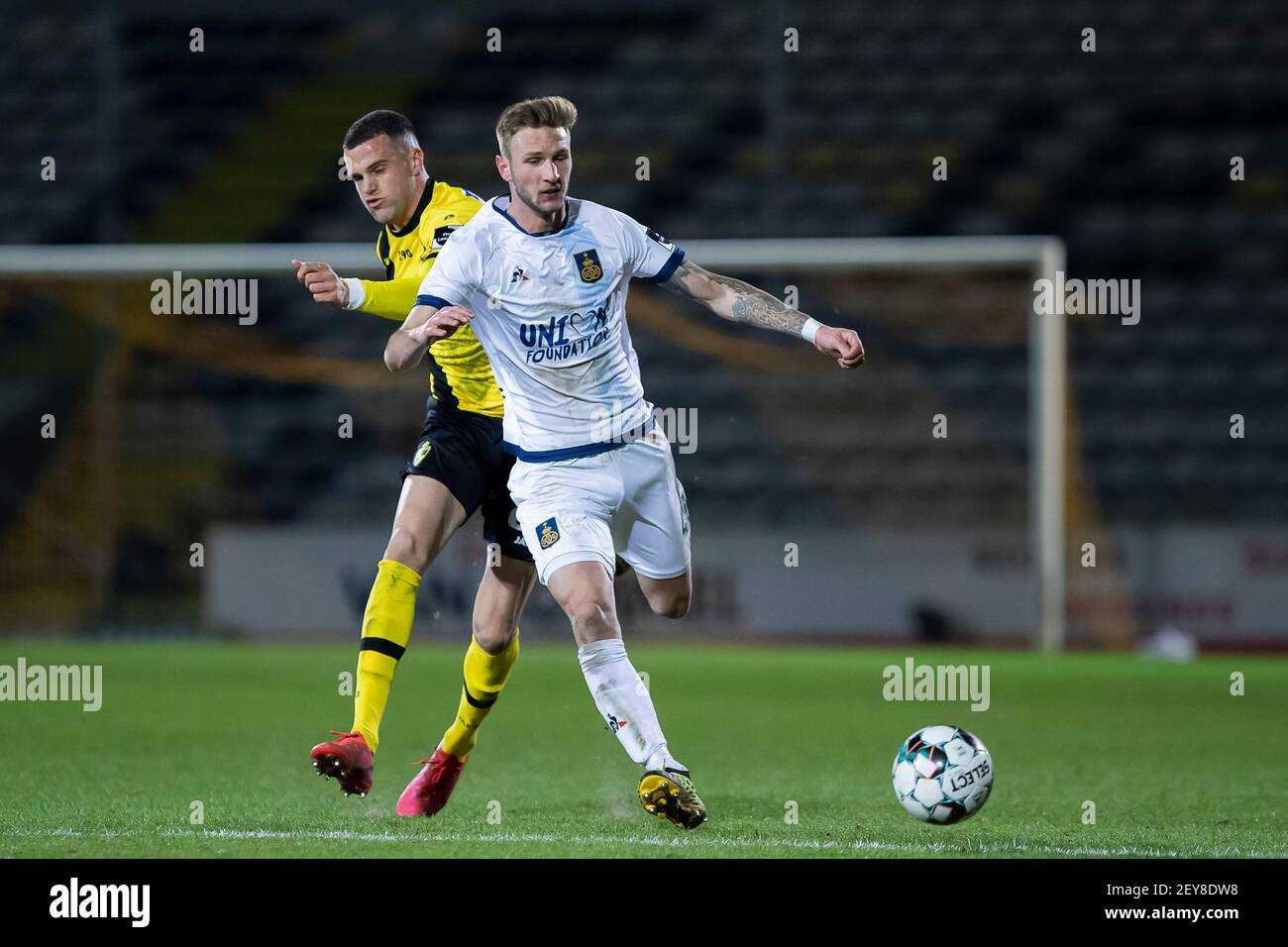 Lierse's Sava Petrov and Union's Siebe Van Der Heyden pictured in action during a soccer match between Lierse Kempenzonen and Union Saint-Gilloise, Fr Stock Photo