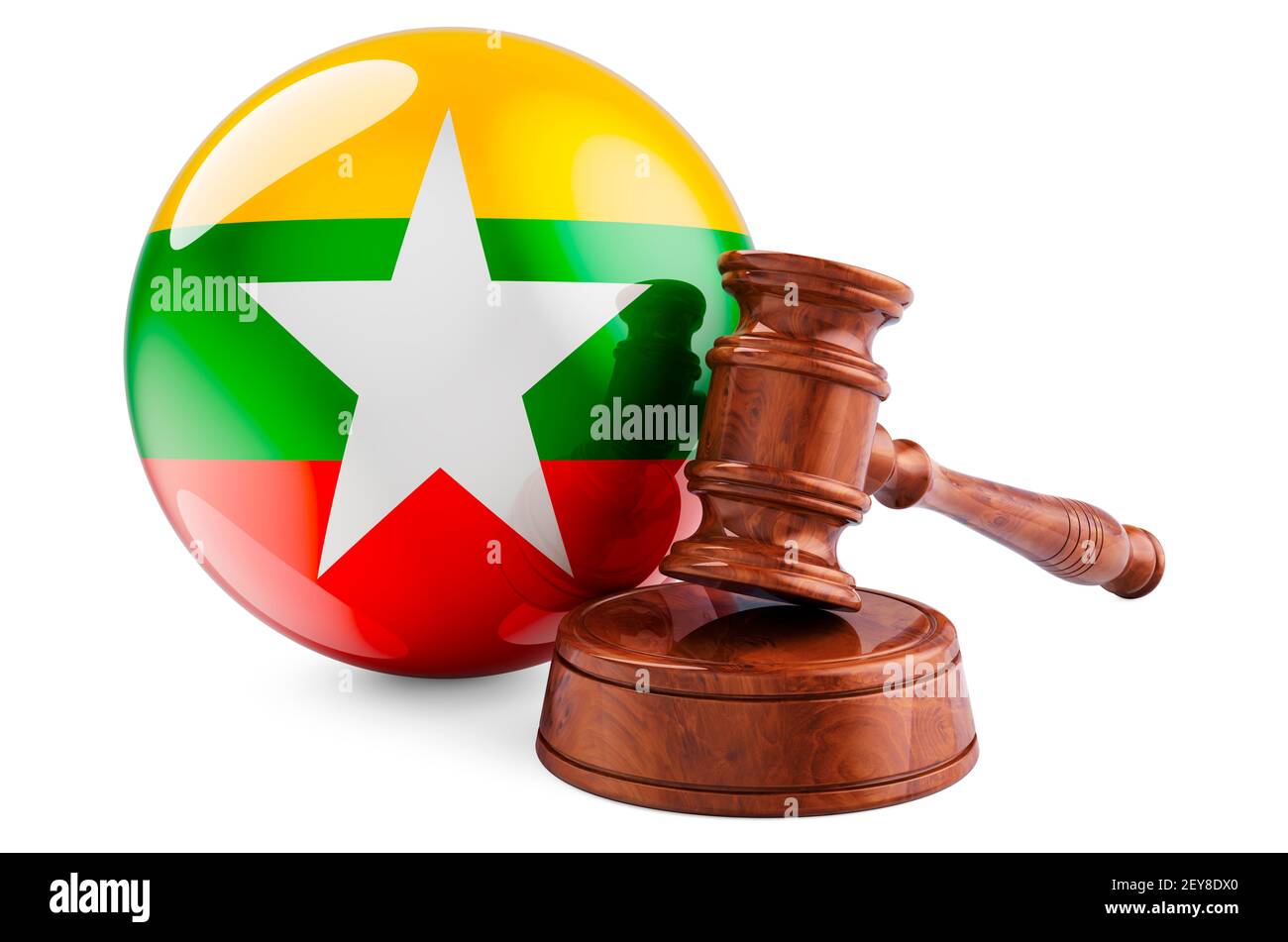 Myanmar law and justice concept. Wooden gavel with flag of Myanmar. 3D