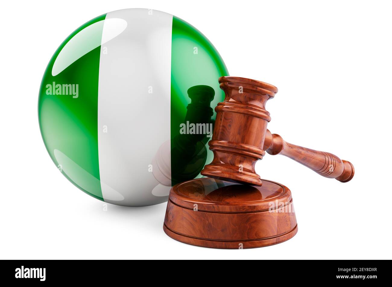 Nigerian law and justice concept. Wooden gavel with flag of Nigeria. 3D