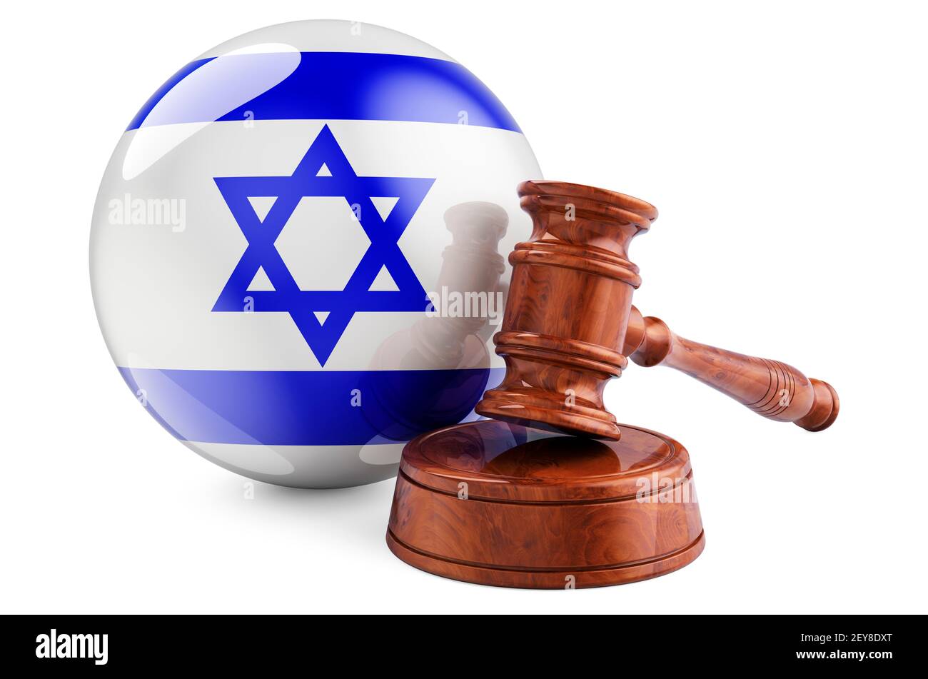 Israeli law and justice concept. Wooden gavel with flag of Israel. 3D