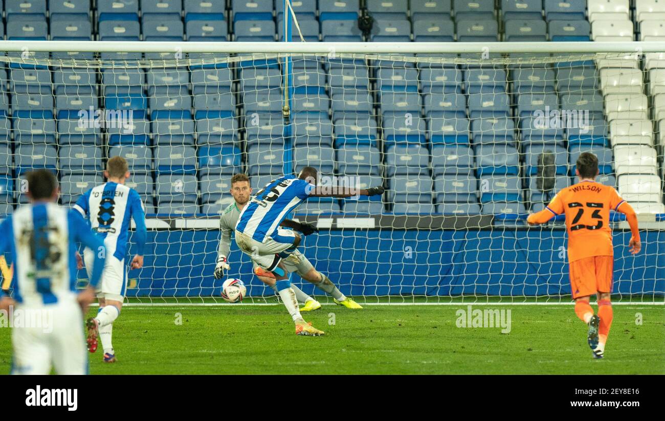 5th March 2021; The John Smiths Stadium, Huddersfield, Yorkshire, England; English Football League Championship Football, Huddersfield Town versus Cardiff City; Yaya Sanogo of Huddersfield Town misses his penalty kick in the second half Stock Photo