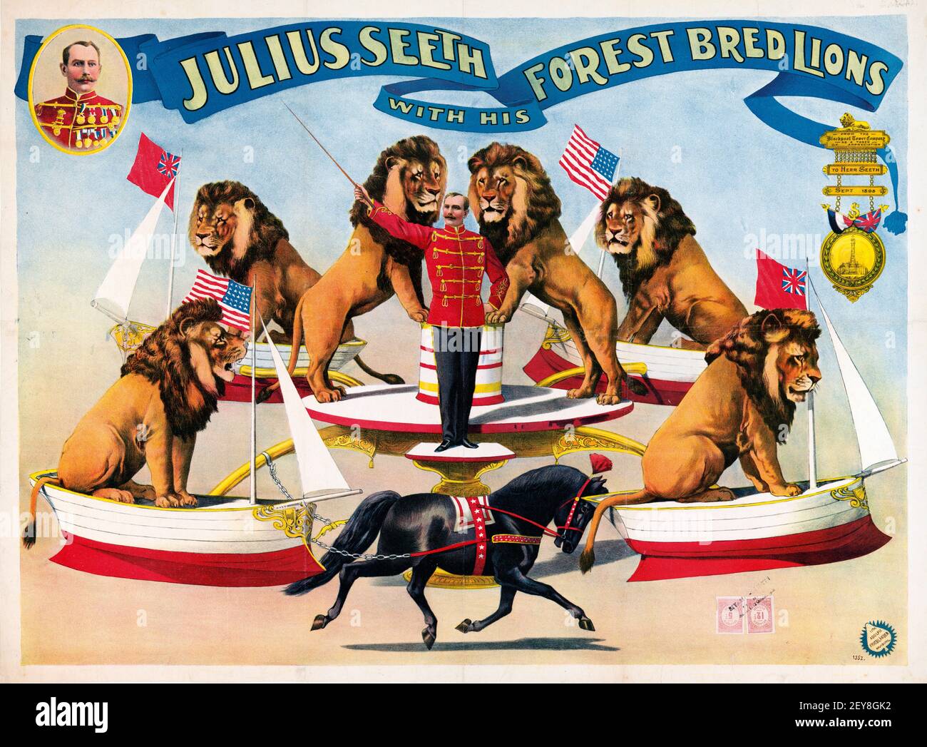 Julius Seeth with his Forest Bred Lions. Old and vintage style. Stock Photo