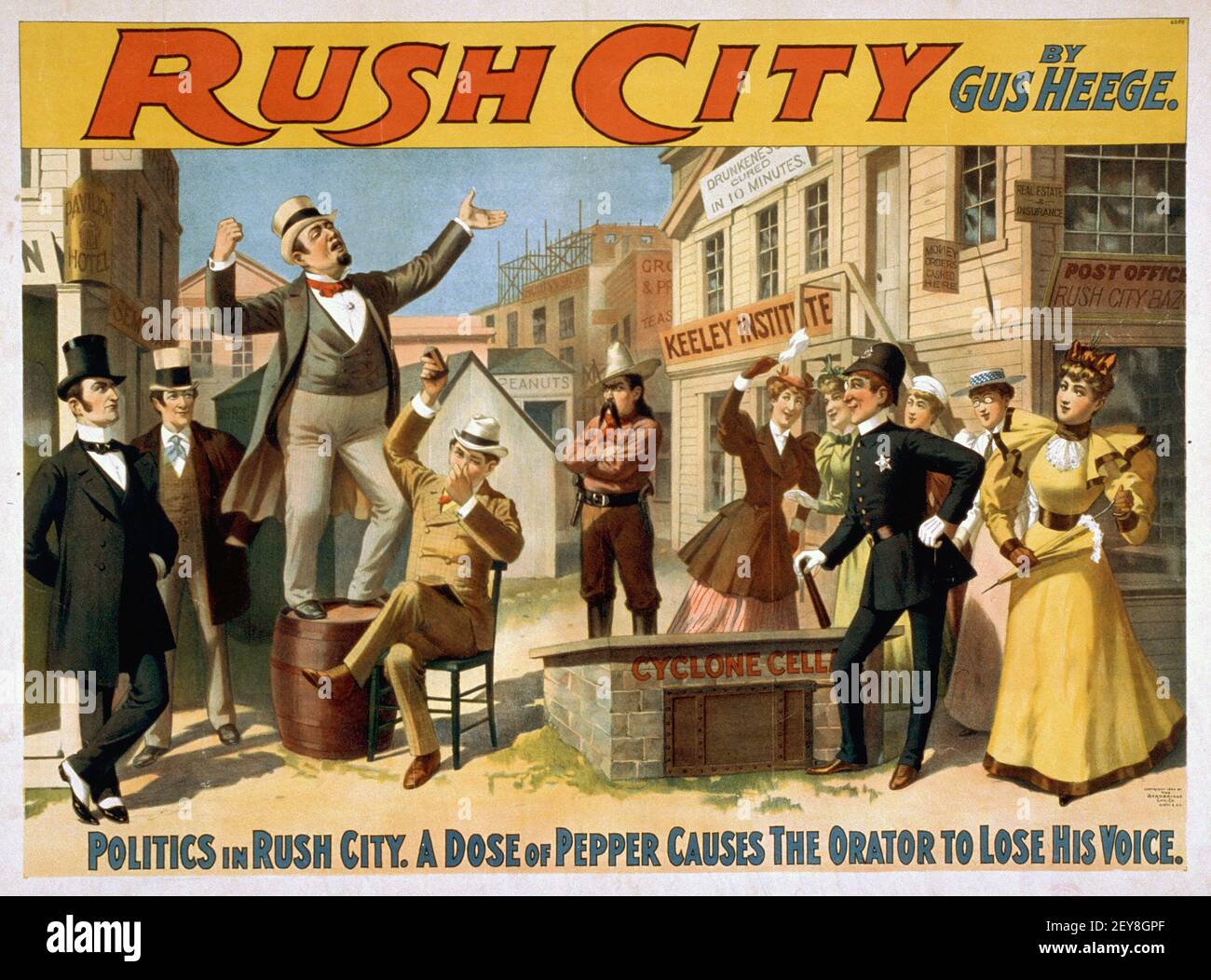 Rush City by Gus Heege. Classic Poster, old and vintage style. Politics in Rush City. Cin'ti ; N.Y. : Strobridge Lith. Co., c 1894. Stock Photo