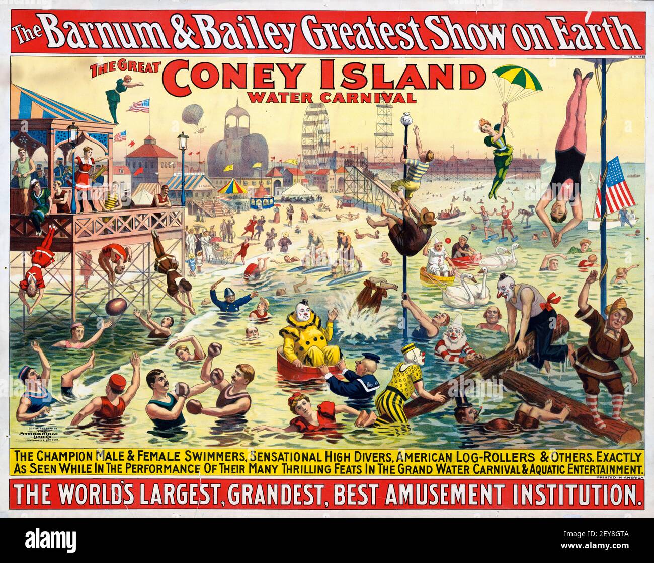 The Barnum & Bailey Greatest Show on Earth. Coney Island Water Festival. Classic Circus poster, old and vintage style. Antique billboard. 1898. Stock Photo