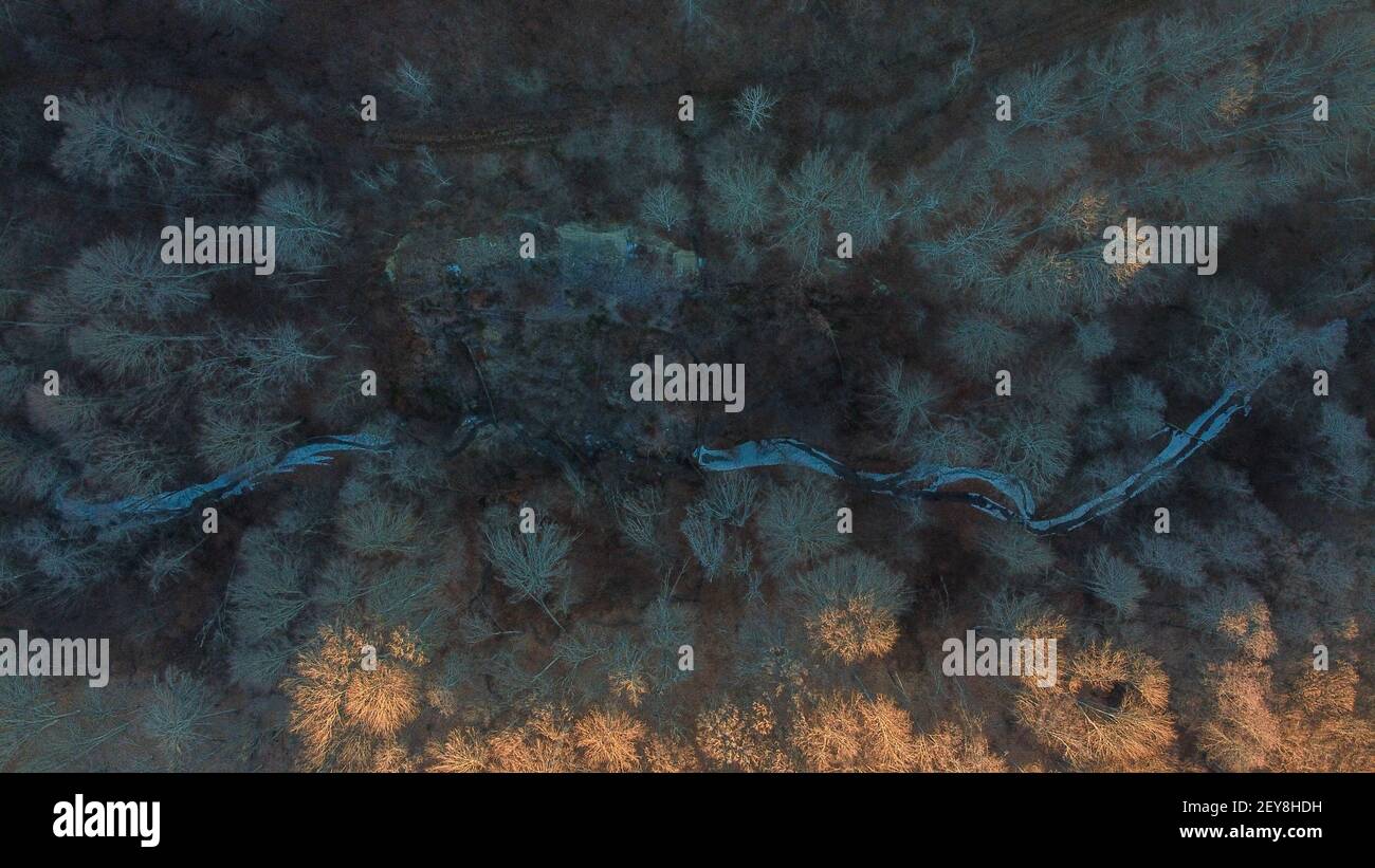 An aerial view of a frozen creek in the forest Stock Photo - Alamy
