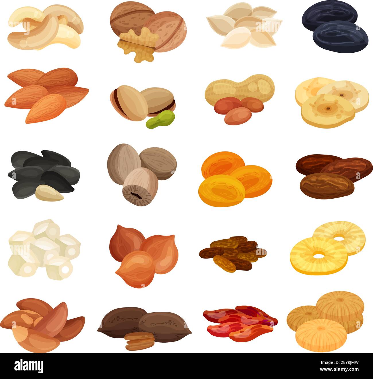 Dried fruits nuts healthy food nutrition realistic set with apricots almonds banana walnuts pistachios isolated vector illustration Stock Vector