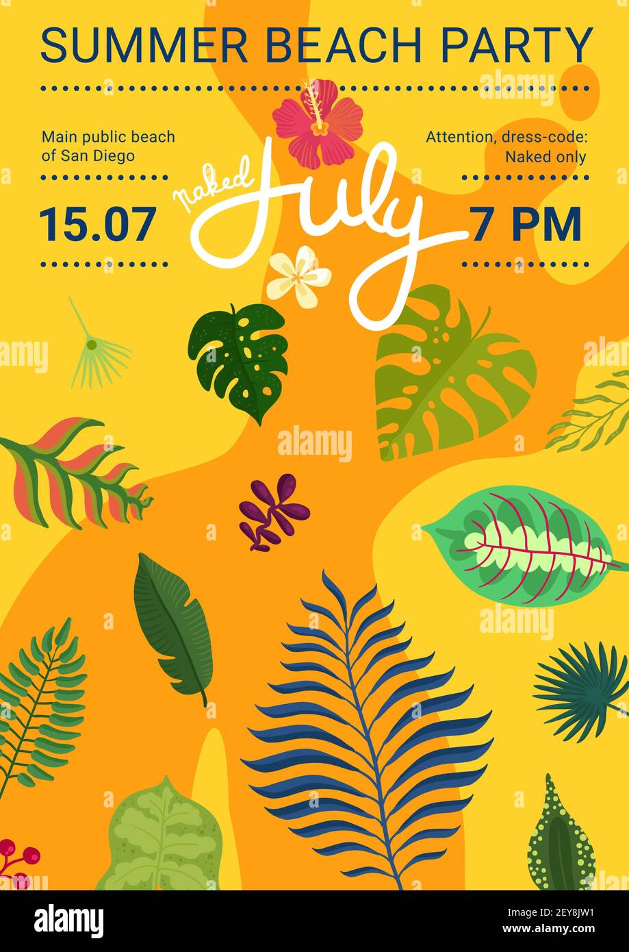 Summer beach party poster with leaves and flowers of tropical plants ...