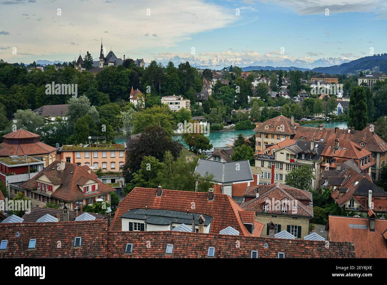 View over the town of Bern against a mountain backdrop , Switzerland Stock Photo