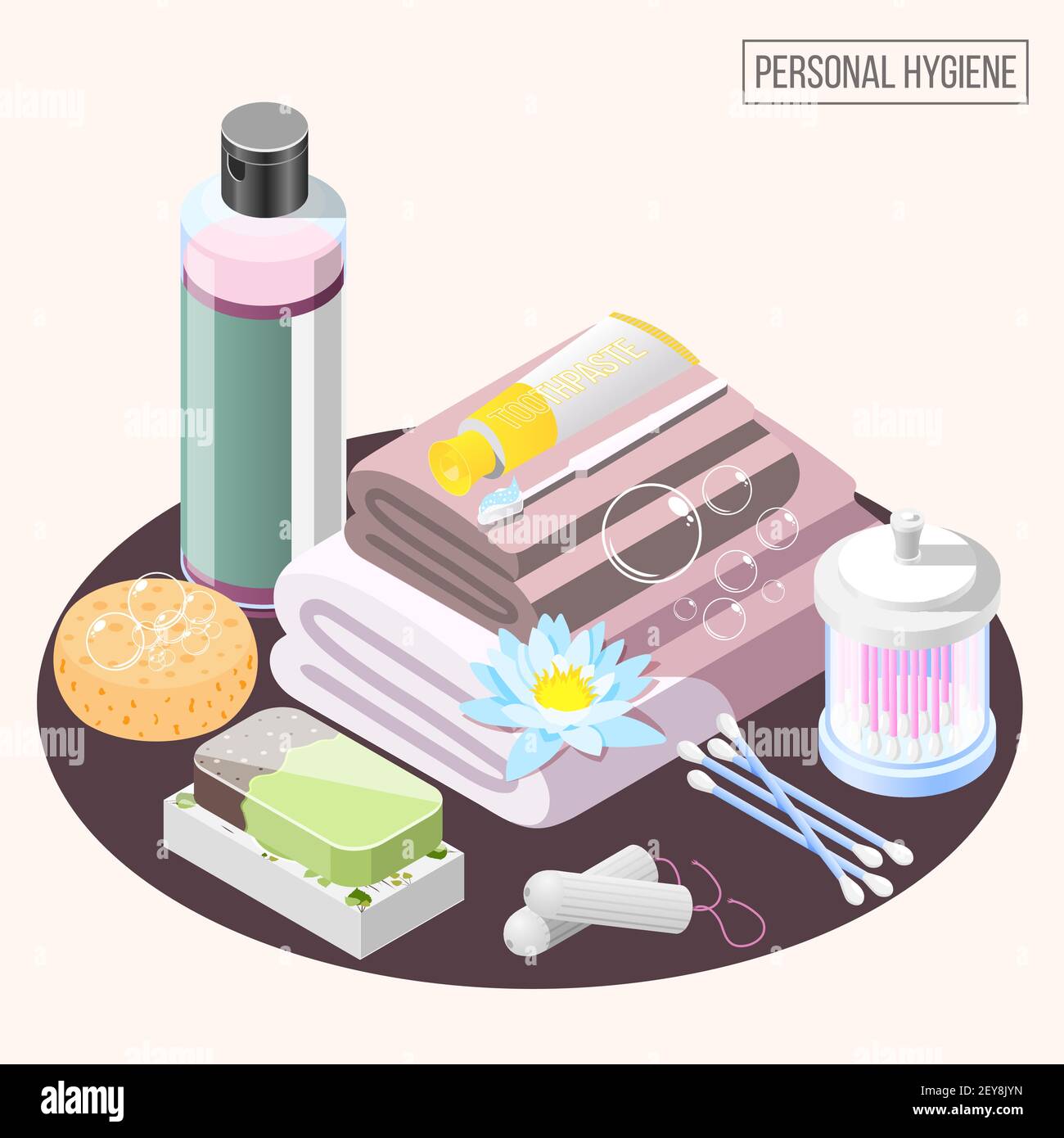 Personal hygiene isometric composition with shower gel soap stack of towels ear cleaning sticks vector illustration Stock Vector
