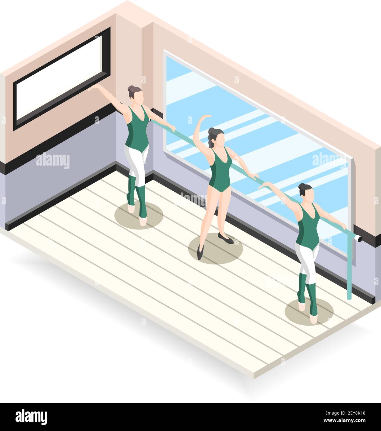 Training of ballet dancers isometric design concept with three ballerinas characters doing exercises at barre vector illustration Stock Vector