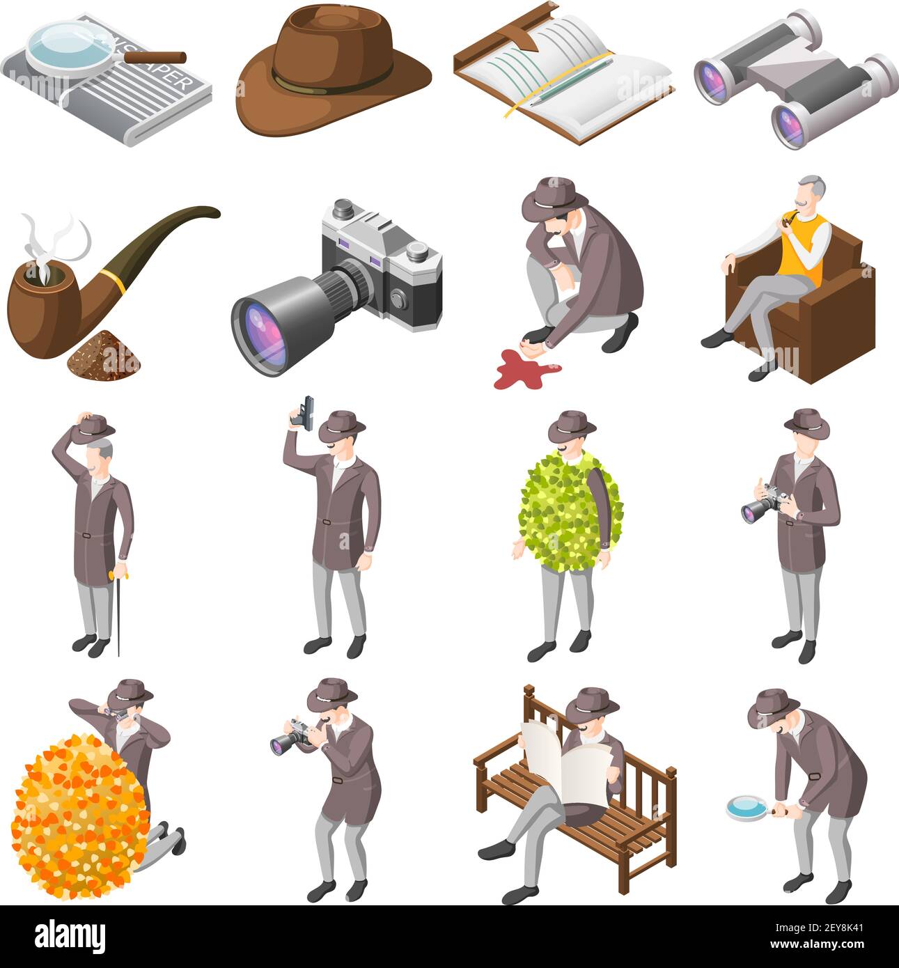 Classic detective isometric icons set of secret agents investigators ...