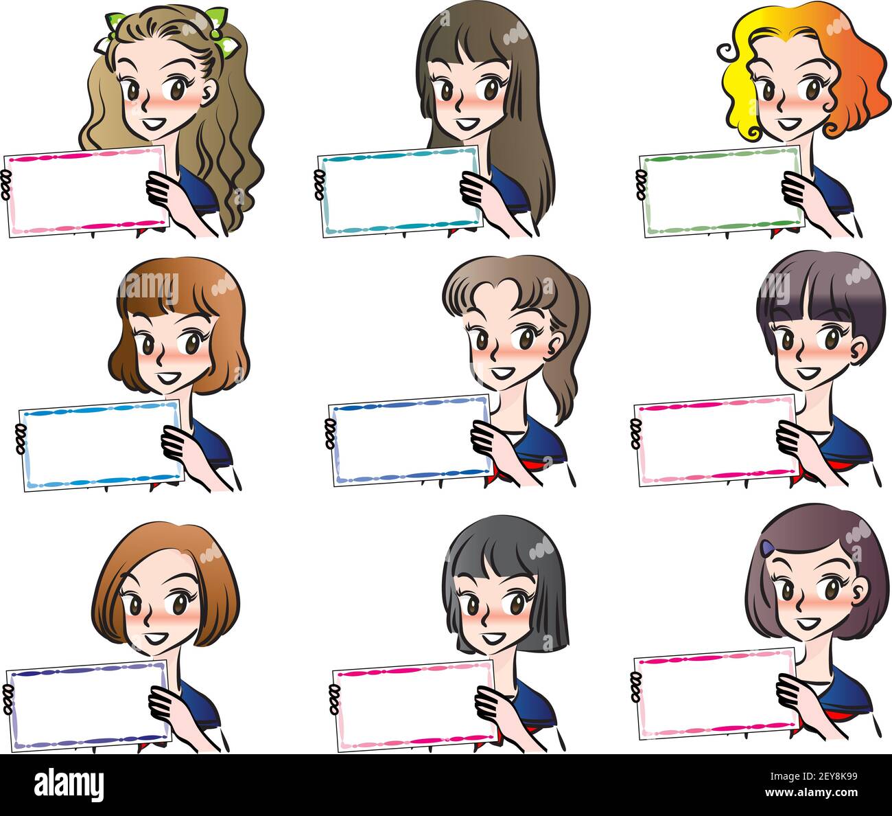 vector cartoon hight school girl emoji set hold card border frame background Stock Photo