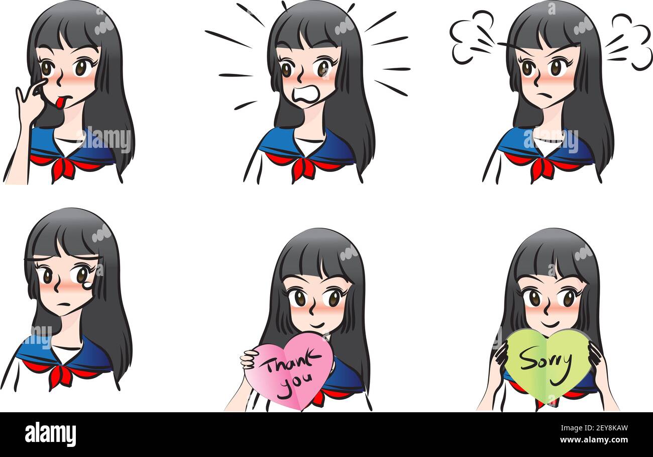 vector cartoon hight school girl emoji set Stock Photo
