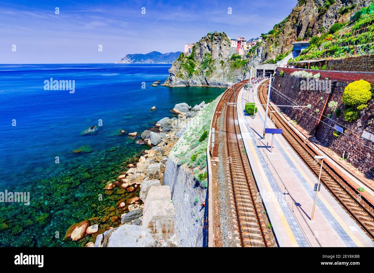 Manarola, Cinque Terre. Train station and Ligurian Sea coastline, Italy travel background. Stock Photo