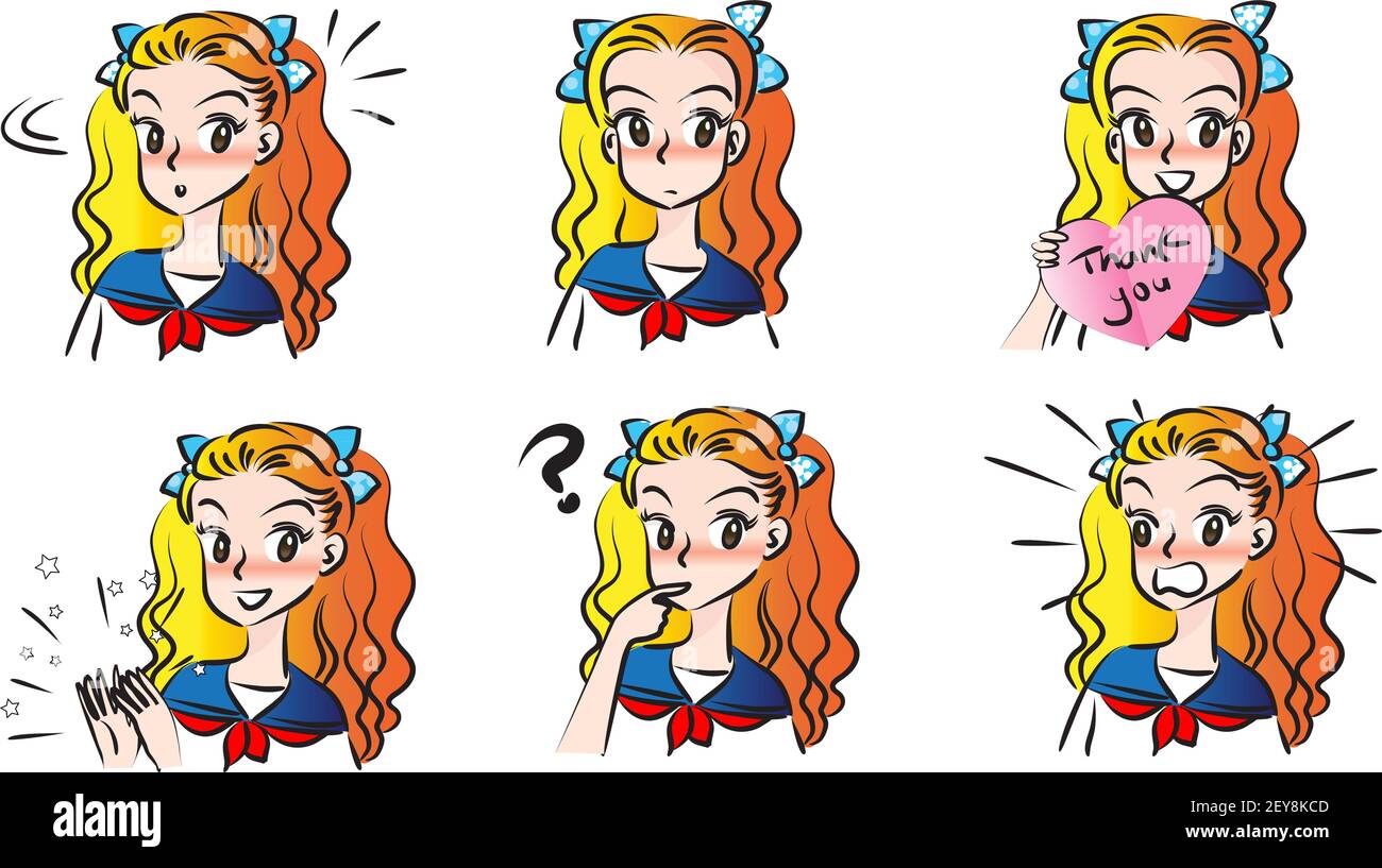 vector cartoon hight school hold hair girl emoji set Stock Photo