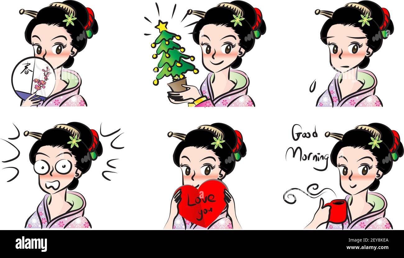 Vector cartoon Japanese girl emoji set Stock Photo