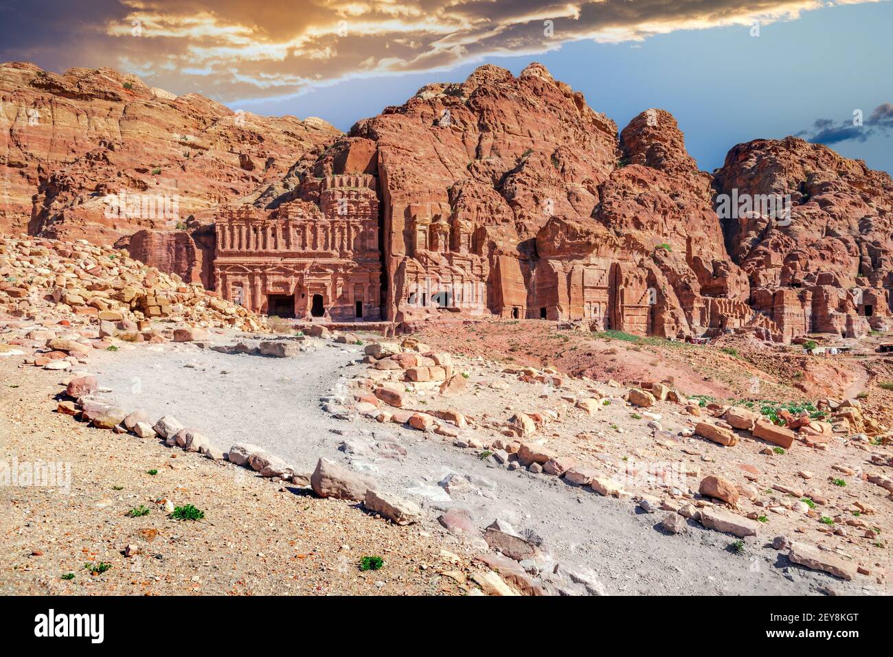 Petra, Wadi Musa in Jordan - Monumental world heritage of ancient Petra with Royal Tombs Stock Photo
