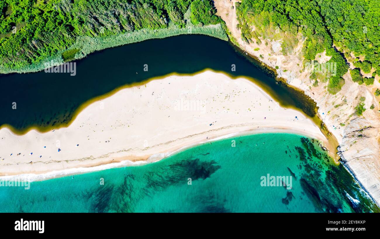 Sinemorets, Bulgaria. Aerial drone view of turqoise Veleka sandy Beach, Black Sea wild coastline Stock Photo