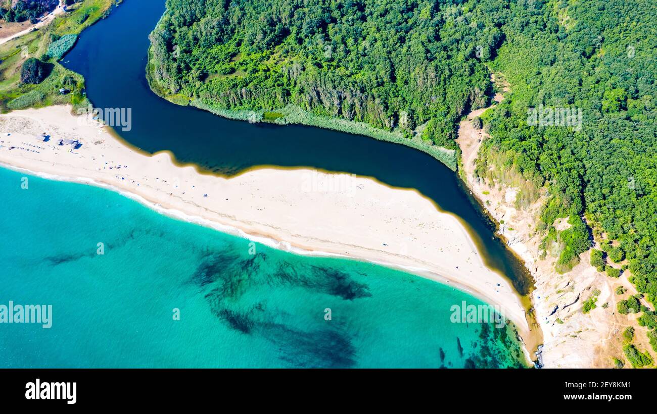 Veleka Beach, Bulgaria. Aerial drone view of picturesque Sinemorets on Black Sea wild coastline Stock Photo